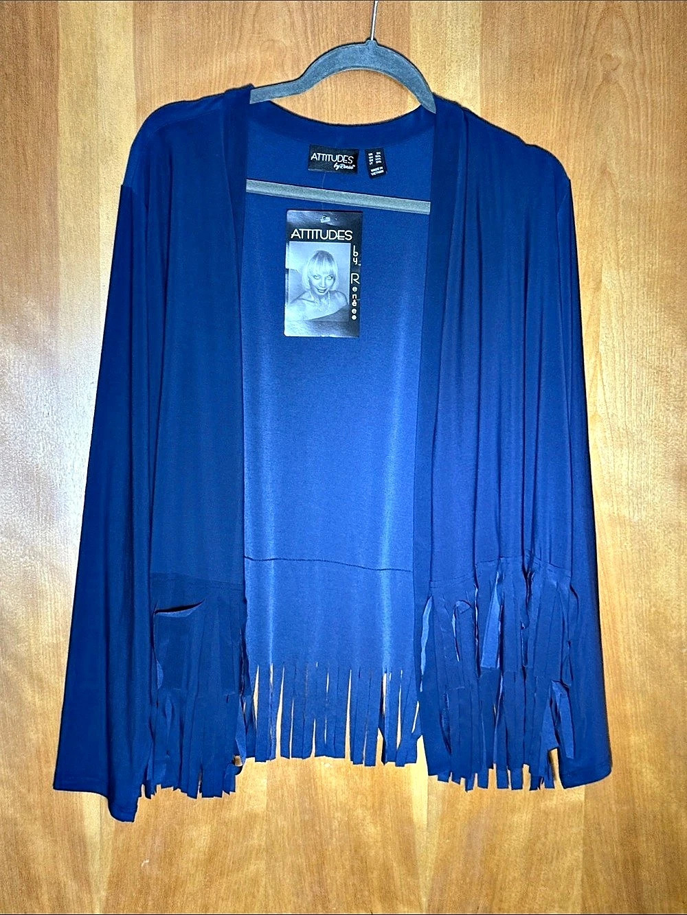 Attitudes by Renee Como Jersey Knit Fringe Cardigan Fringe Jacket Blue XL